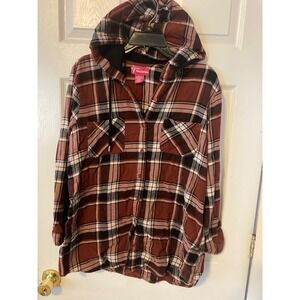 Tradition Womens Plaid Hooded Flannel Shirt Burgundy Black White Large L
